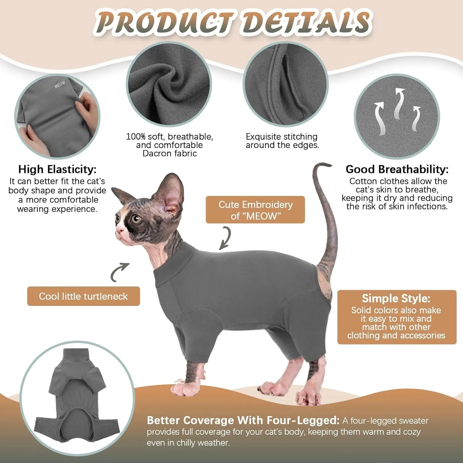 Hairless cat wearing grey turtleneck sweater with sleeves and leg openings