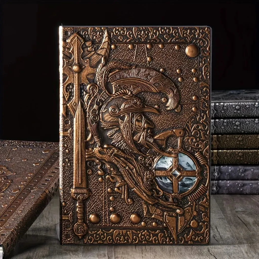 Creative retro A5 leather notebook with embossed 3D warriors relief design, shown open.