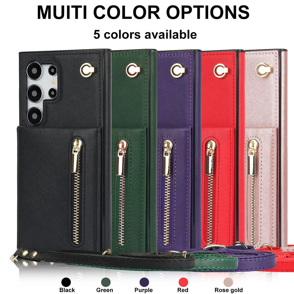 Black Samsung phone case with card slot, flip-out stand, and attached crossbody strap