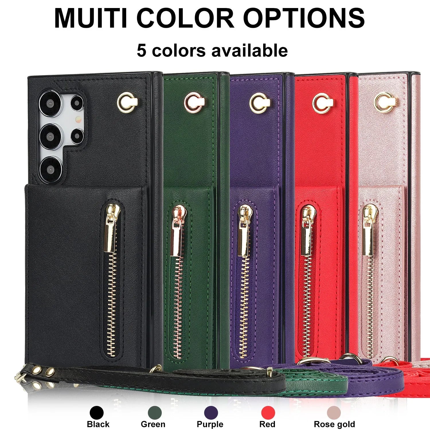 Black Samsung phone case with card slot, flip-out stand, and attached crossbody strap