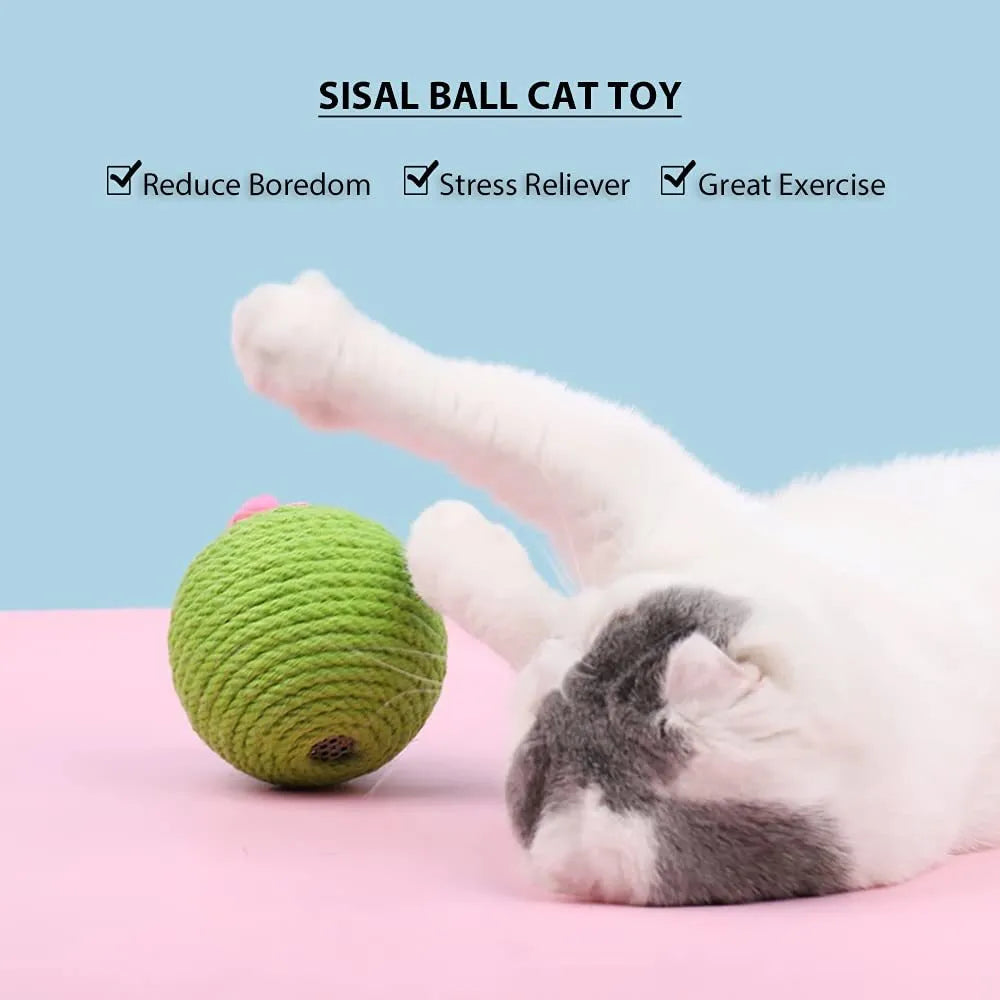 Green cactus-shaped cat tumbler scratcher with sisal ball on a tree tower