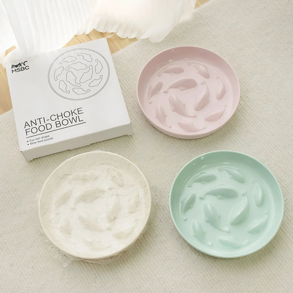 Coloured melamine slow feeding bowl for cats with raised interior pattern