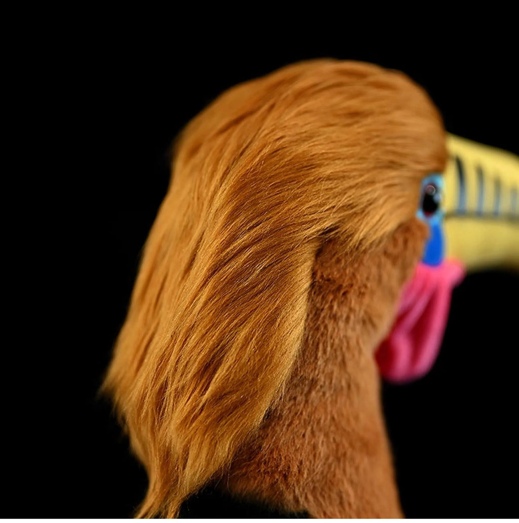 Soft brown necked hornbill plush toy standing 30cm tall on a white background