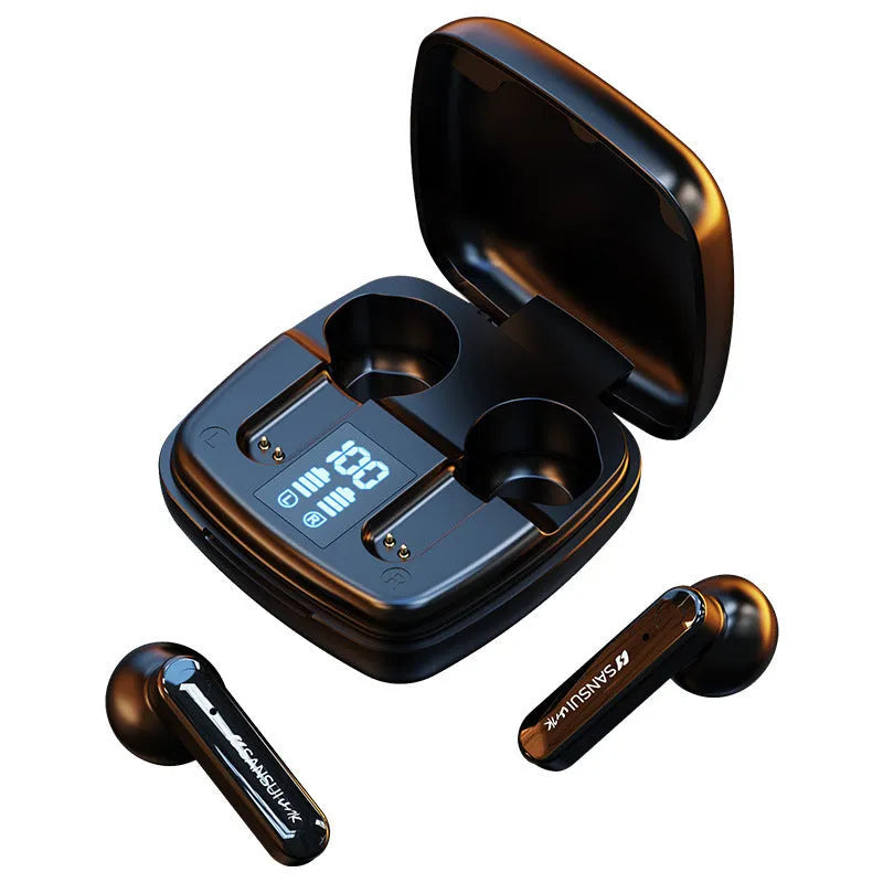 Dark Night Black wireless Bluetooth earphones with digital battery display, semi-in-ear design.