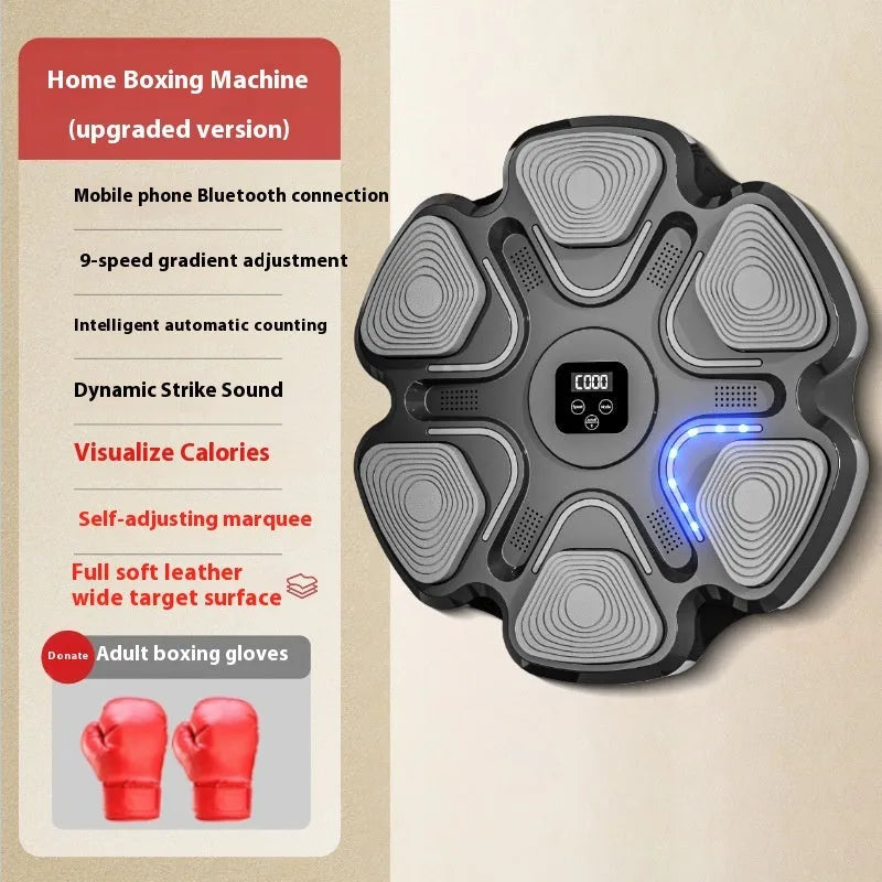 White smart music boxing machine wall target with focus gloves mounted on a wall.