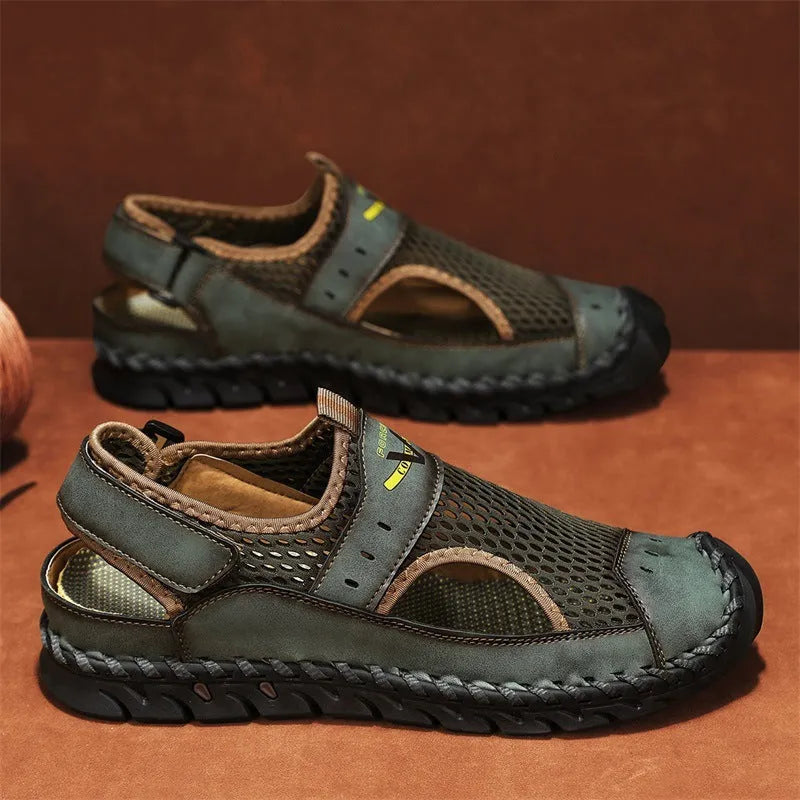 Men's brown genuine leather casual shoes with mesh breathable panels and elastic band design