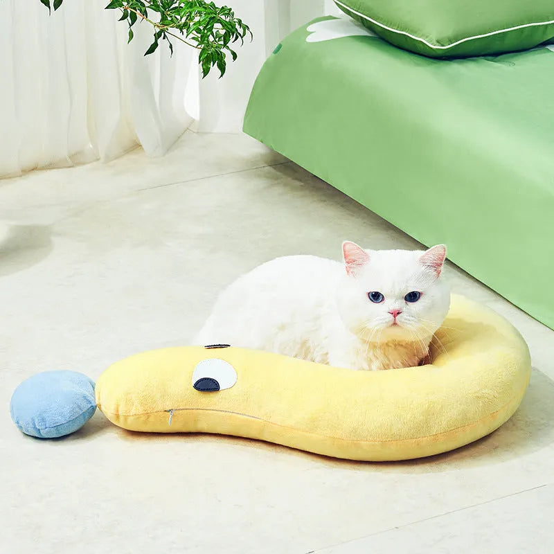 Blue rectangular pet pillow for cats and dogs on a floor, dimensions 62cm by 39cm.