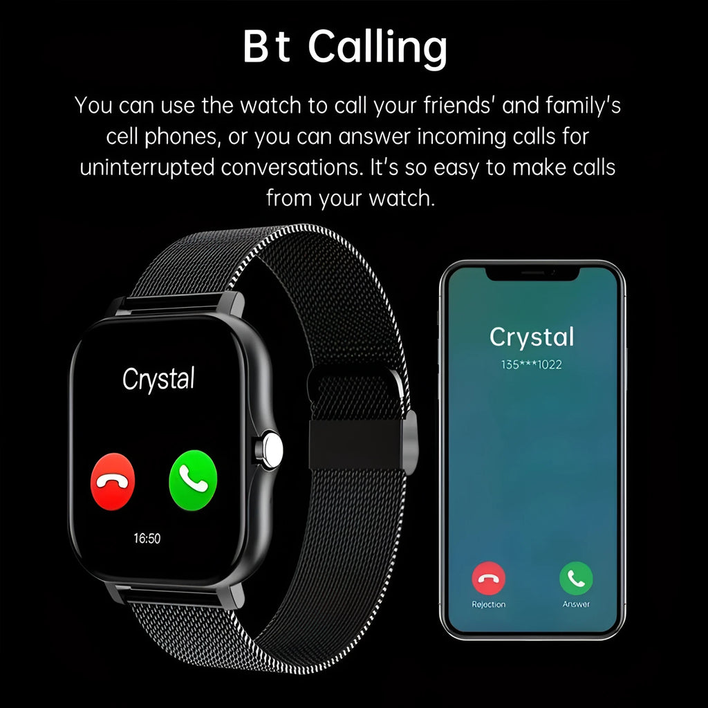 Smart watch with 1.44-inch touch screen on a silicone strap, showing call and health tracking interface.