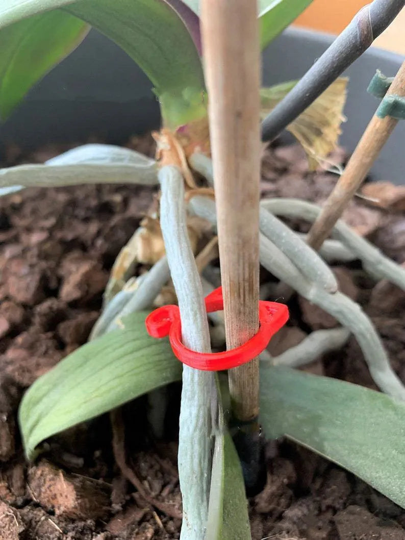 Small red cat-shaped plastic clip for plants on a white background.