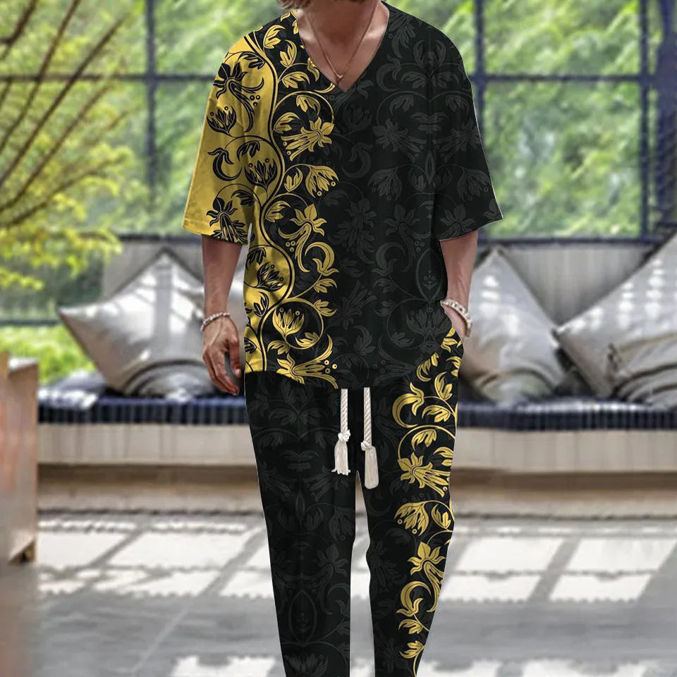 Women's thin polyester cropped sleeve V-neck trousers suit in a co-ord set.