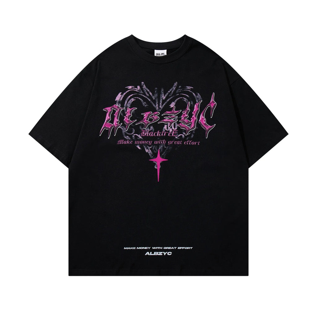 Men's black printed cotton T-shirt with retro graphic design and loose fit