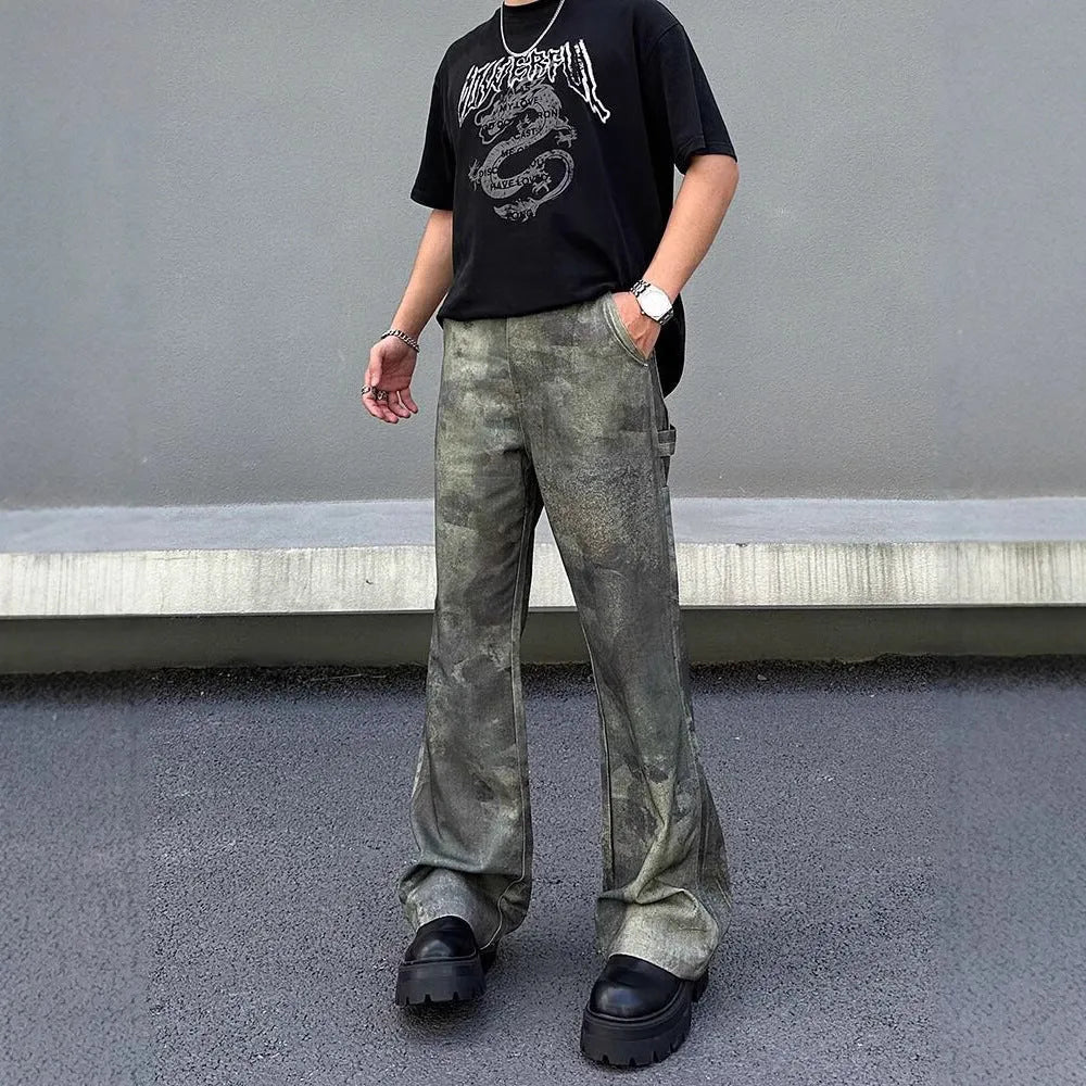 Men's straight-leg jeans with digital camouflage pattern in picture colour, showing mid-waist design and cotton denim fabric