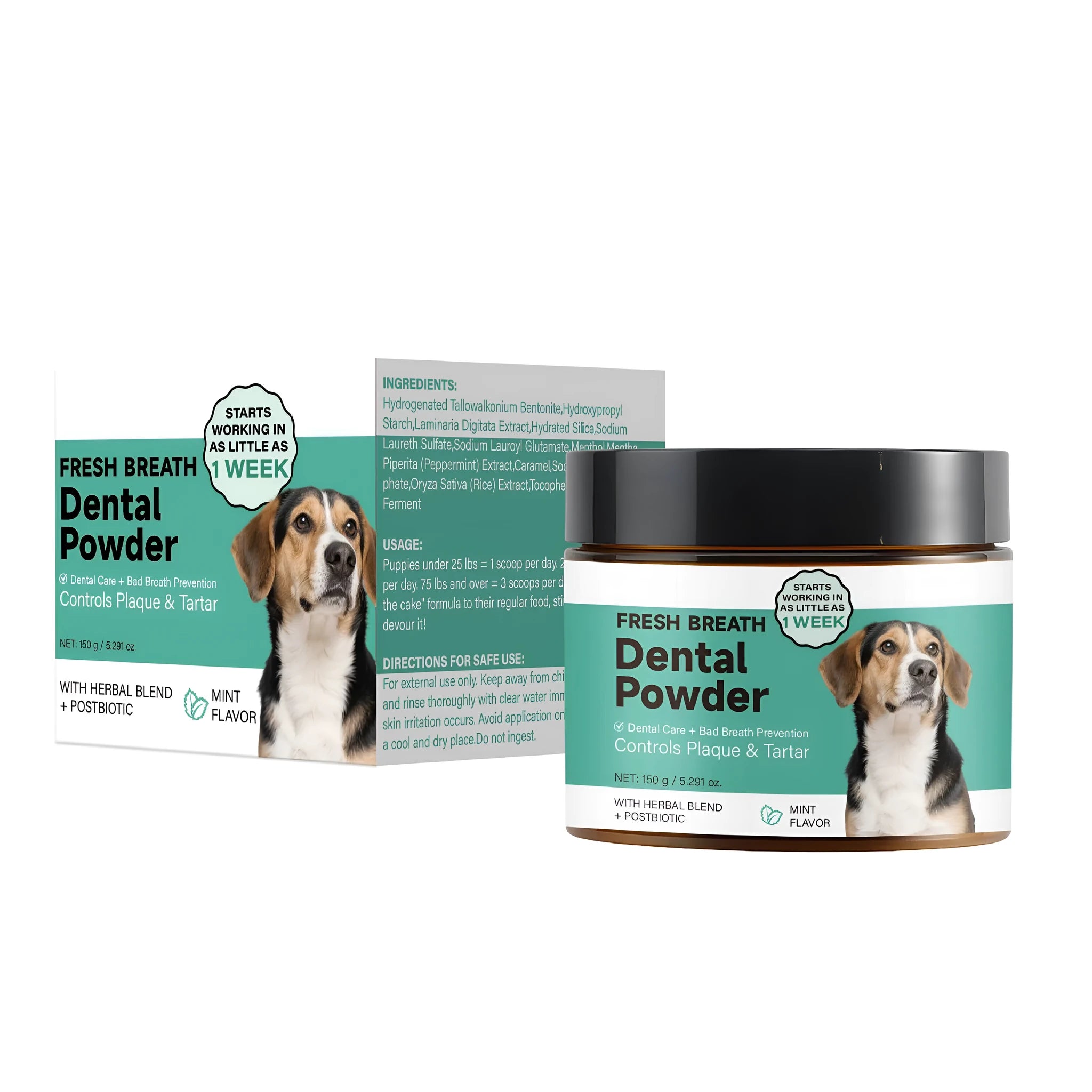 150g container of mint flavour dog tooth cleaning powder, specification FPA067.