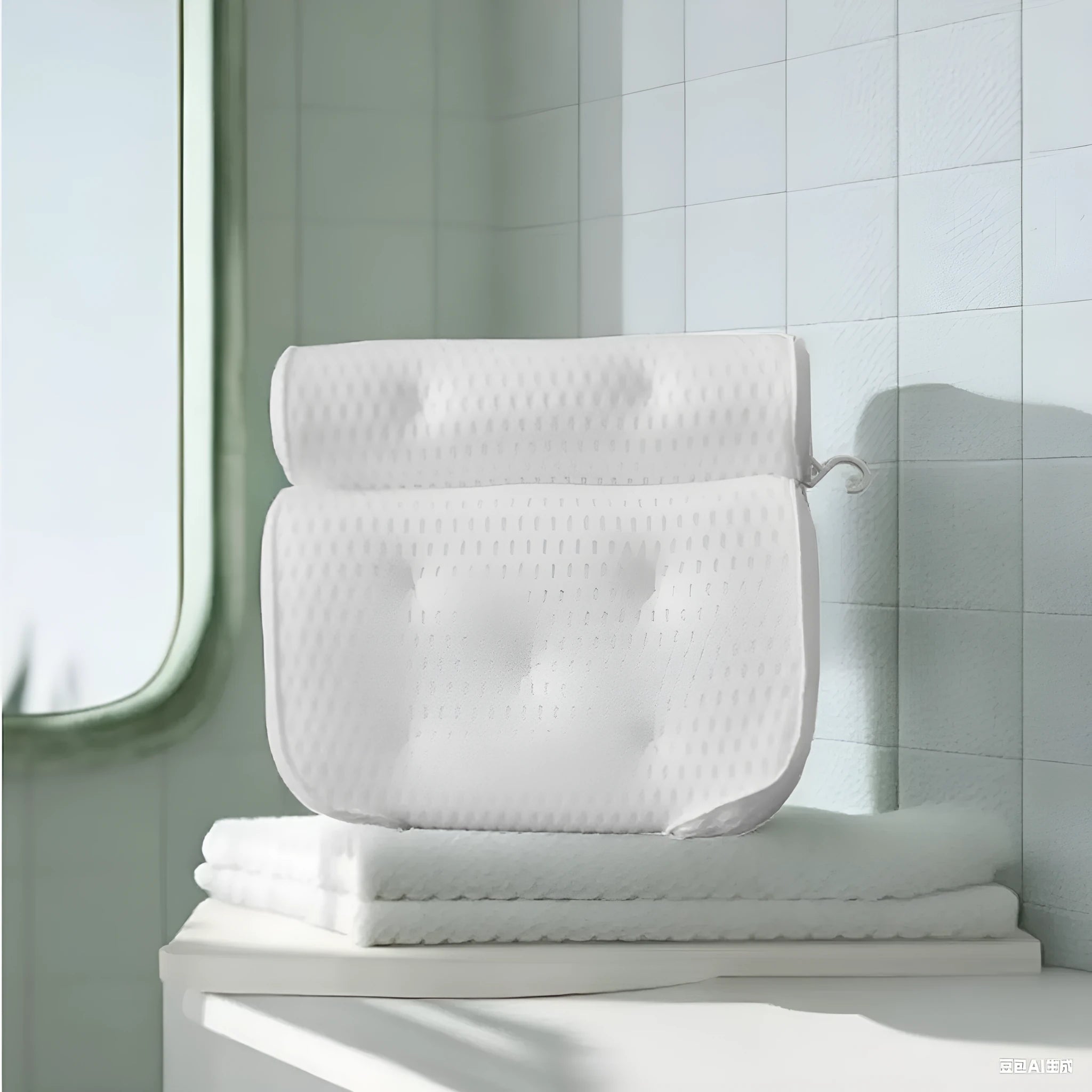 White bathtub pillow with suction cups on a 4D mesh surface.