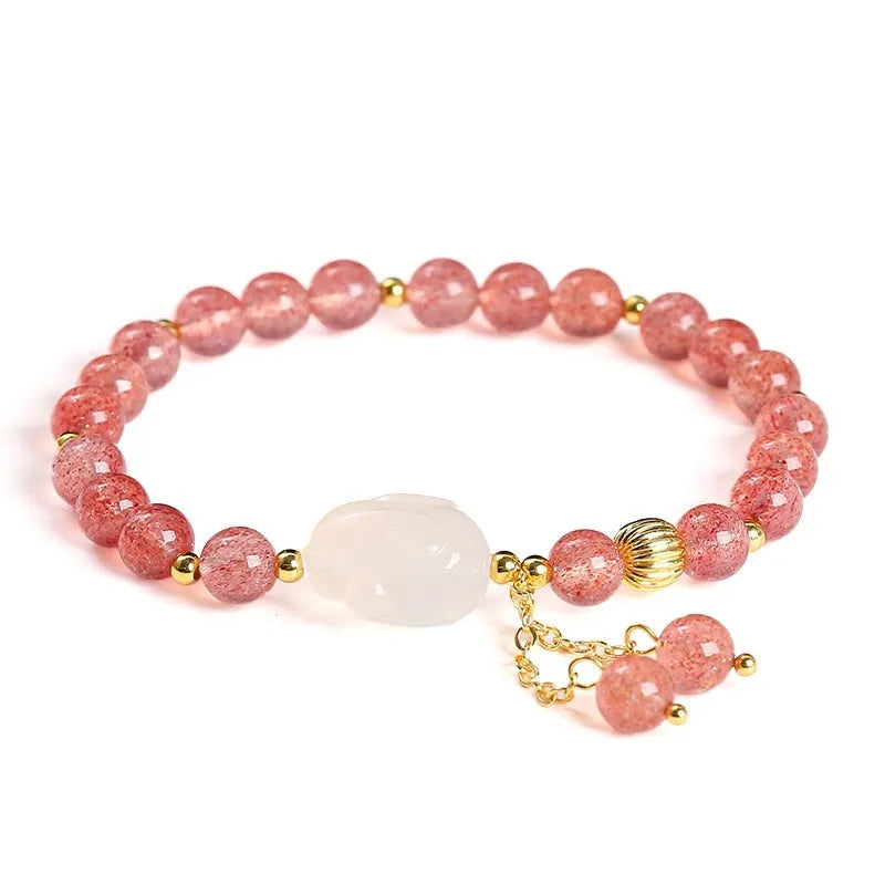 Strawberry quartz agate white rabbit bracelet with 6mm geometric beads for women