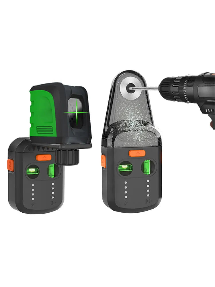 Red laser level with dust collection bracket, showing compact dimensions and built-in rechargeable battery.