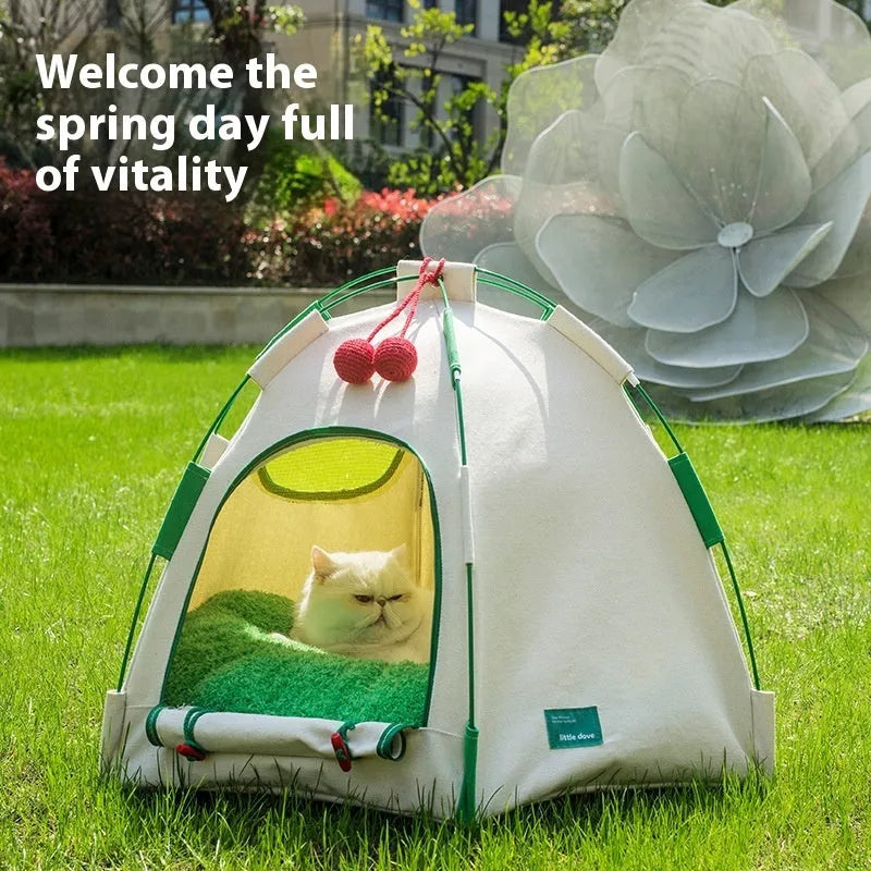 Dome-shaped cloth cat tent with optional thick pad, suitable as indoor pet bed or cage alternative