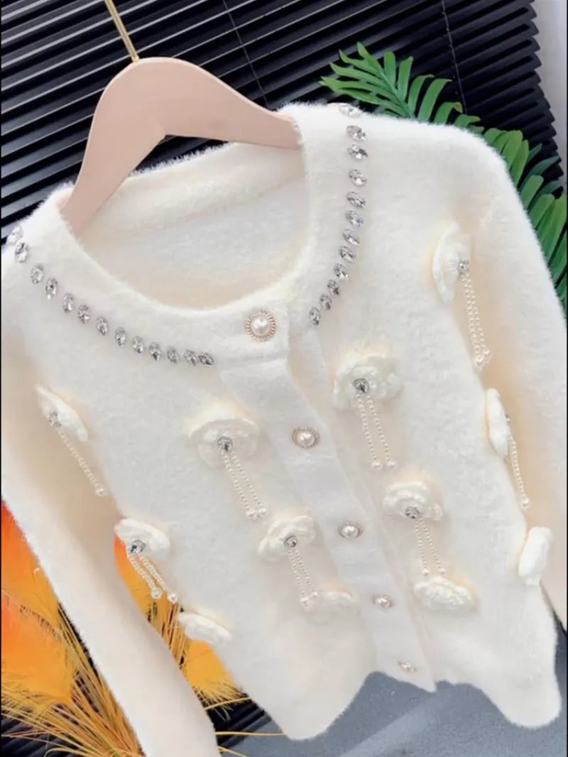 V-neck beaded white knit cardigan with long sleeves in relaxed fit, available in sizes S to XL