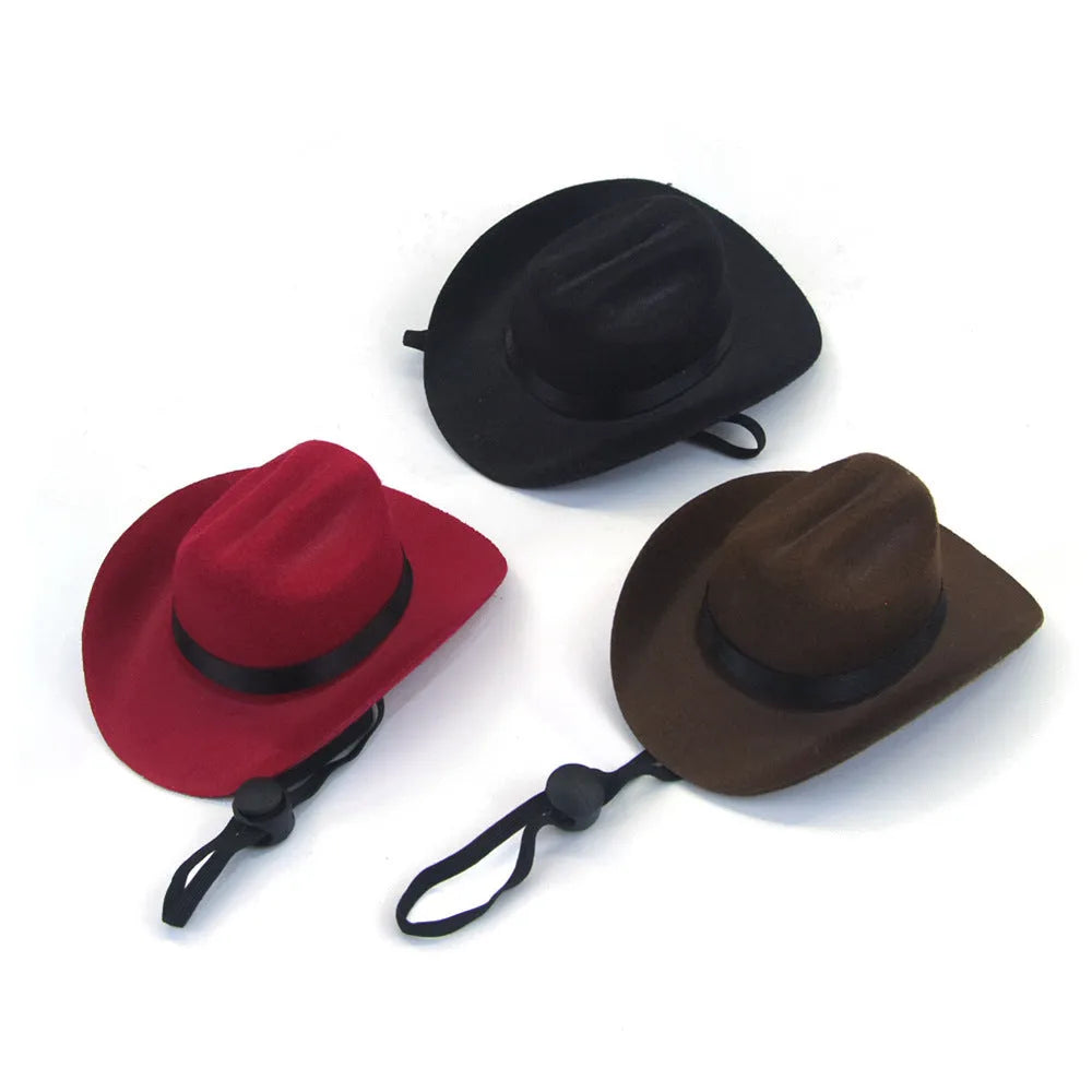 A brown adjustable cowboy hat for a dog or cat, shown on a pet mannequin head.