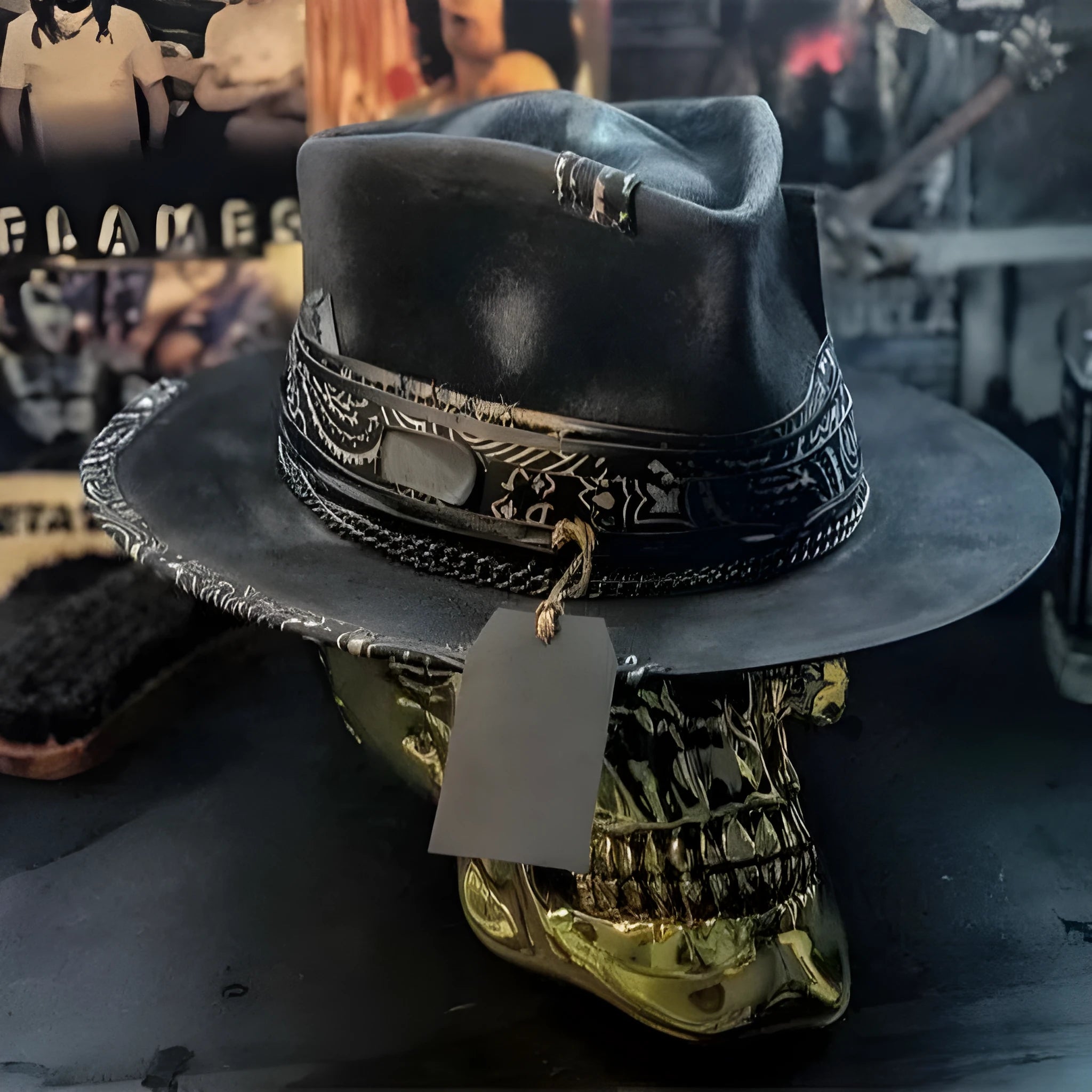 Handmade wool felt conical crown skull hat for Halloween costumes on a dark background.
