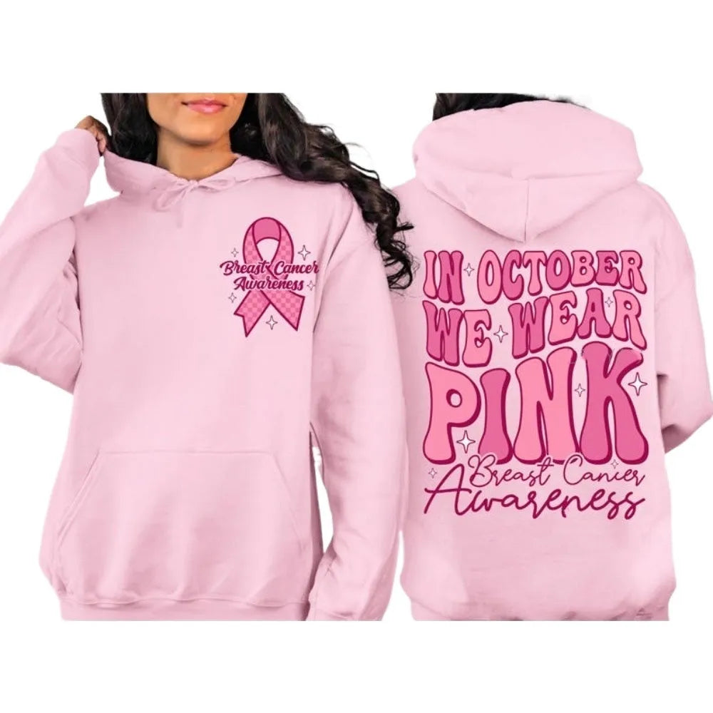 Women's pink breast cancer awareness pullover hoodie with side pockets and retro art design