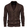Men's cotton cardigan sweater with V-neck, long sleeves, twisted flower knit pattern, in khaki colour, loose fit