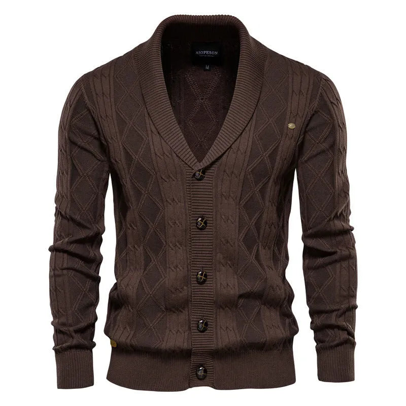 Men's cotton cardigan sweater with V-neck, long sleeves, twisted flower knit pattern, in khaki colour, loose fit