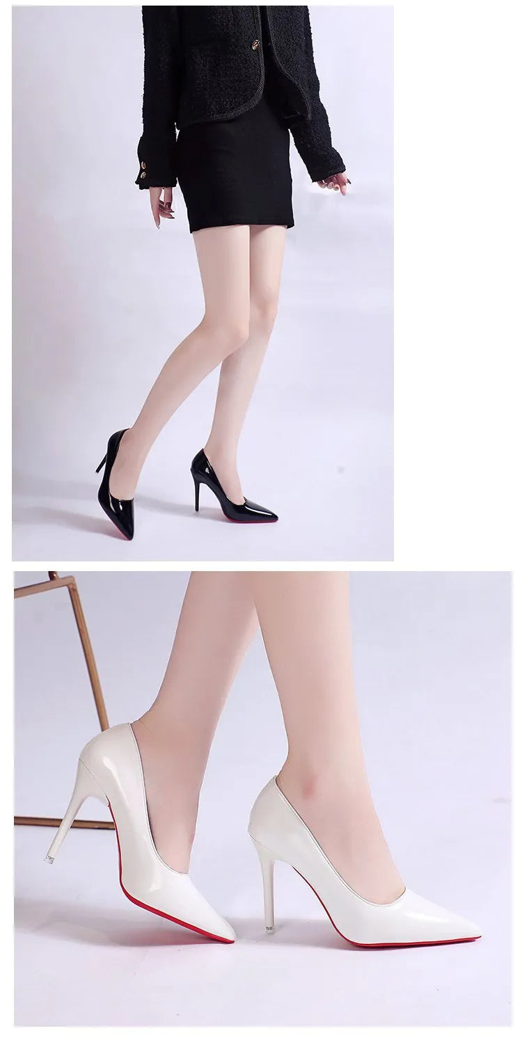 Women's black stiletto heel pump with pointed toe and shallow mouth cut on a white background.