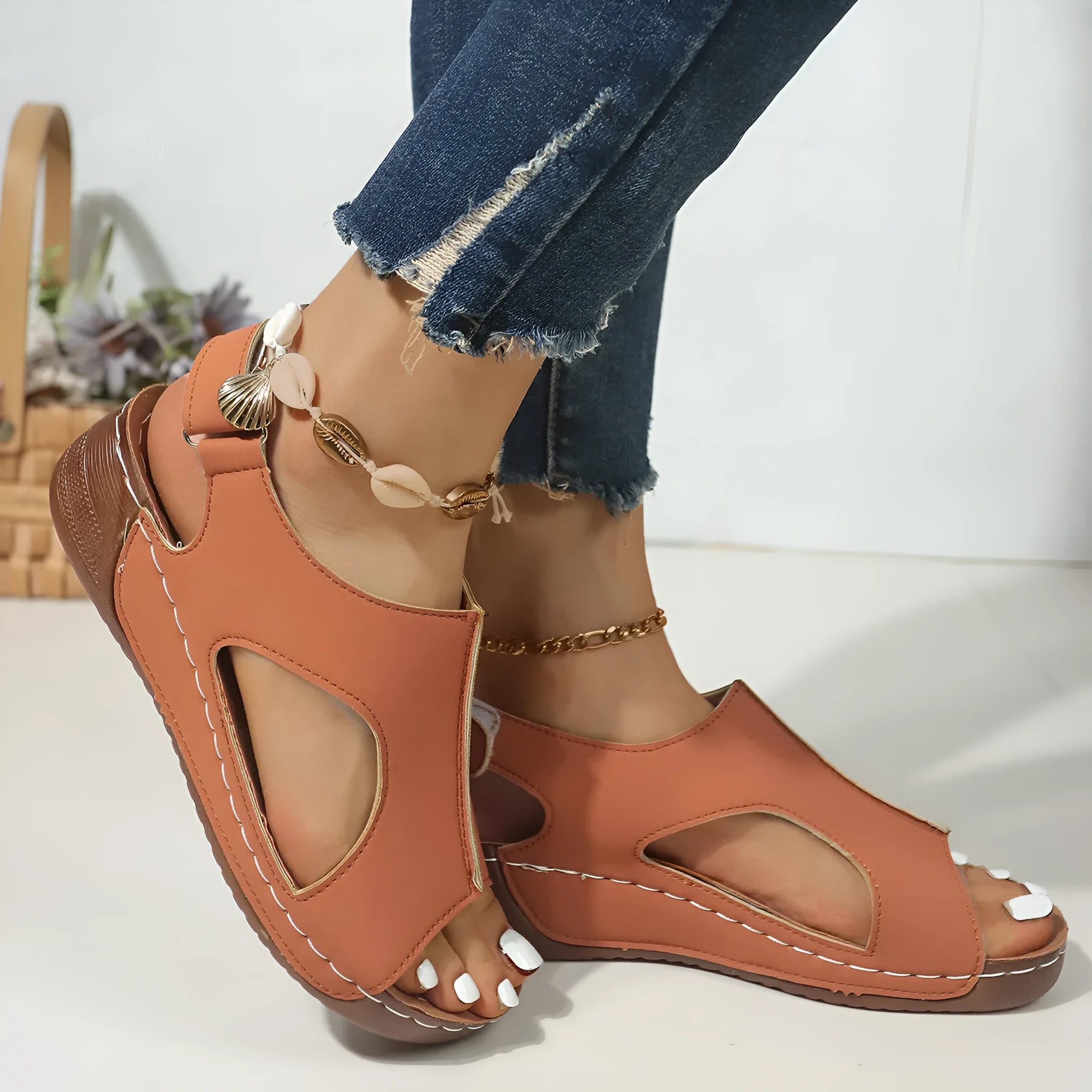 Women's plus size wedge sandal with PU upper and Velcro strap in light brown, side view