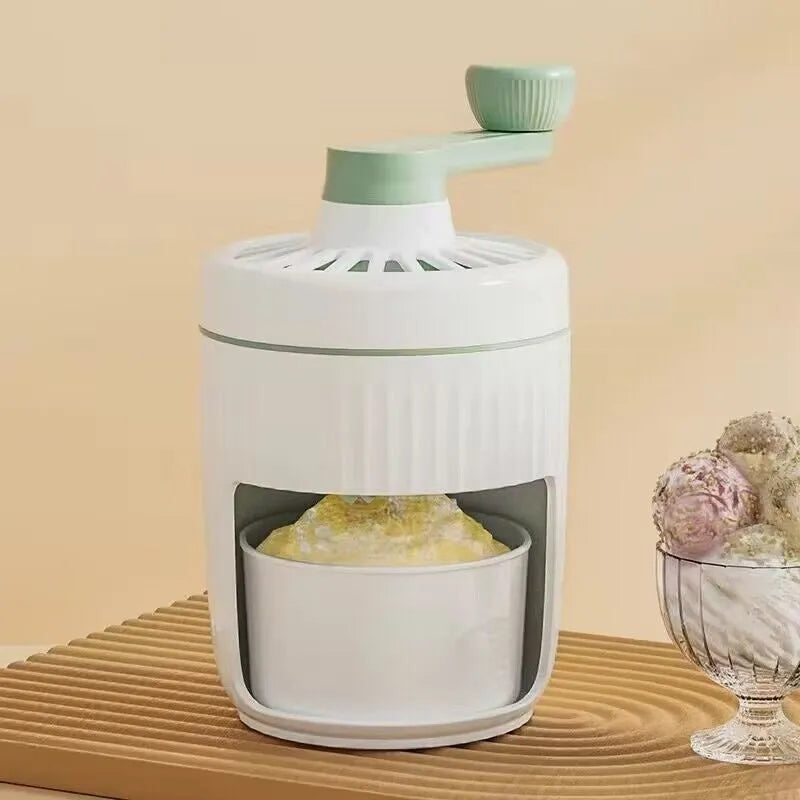 Hand-cranked ice shaving machine in green, compact portable design with removable ice box and stainless steel blade