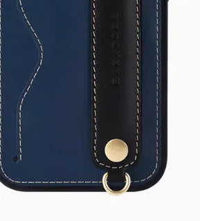 First layer cowhide leather phone case with card holder and lanyard for iPhone 15 Pro Max in blue and black