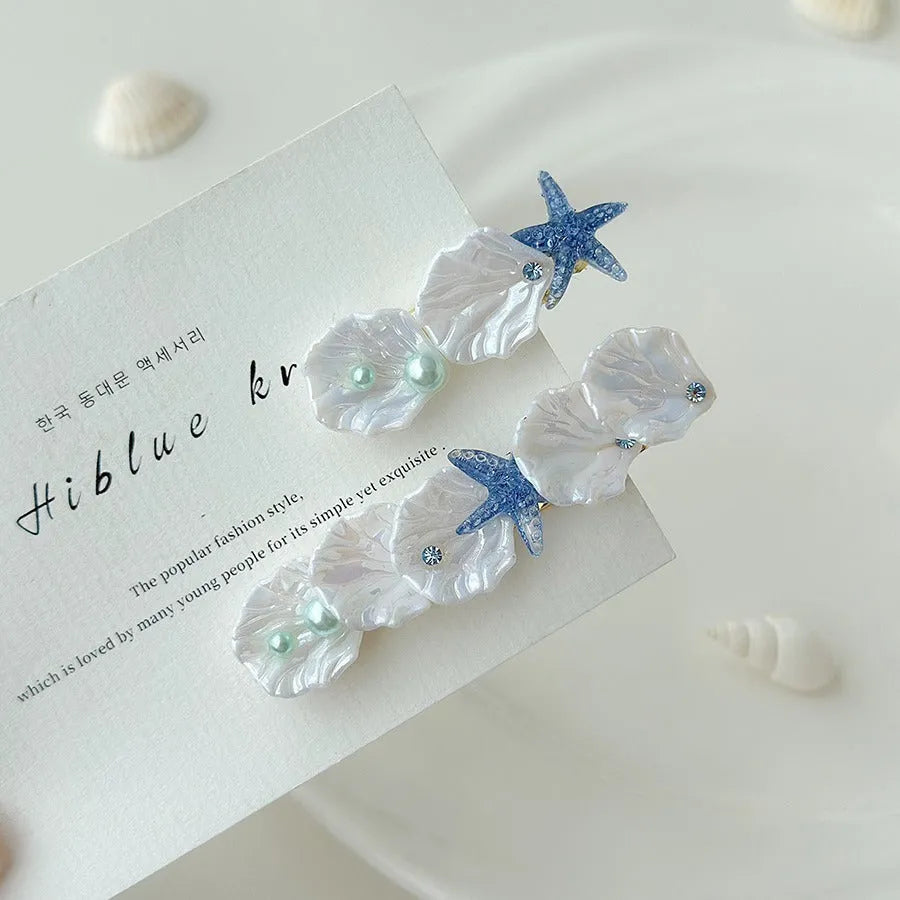 Starfish shell side bang clip barrettes for women natural style mixed material long colour option
