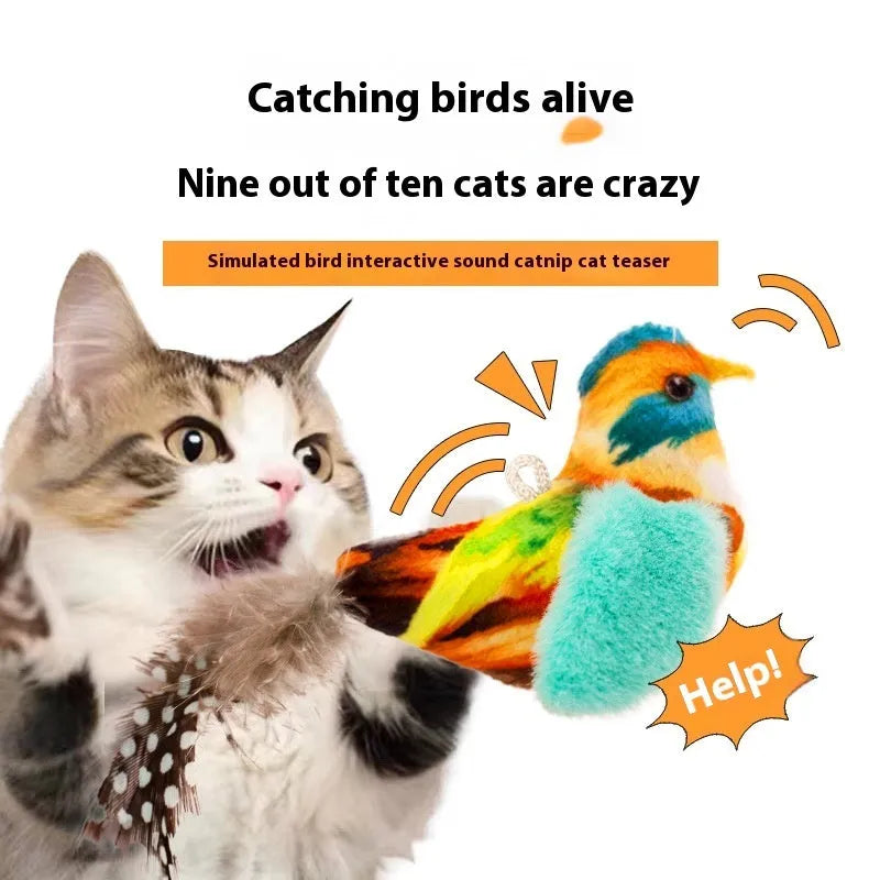 Plush bird simulation cat toy in four colour options: blue kingfisher, colourful bird, sparrow, yellow bird