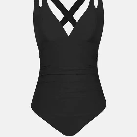 Solid colour one-piece swimsuit with triangle bikini top and cross-back shoulder straps