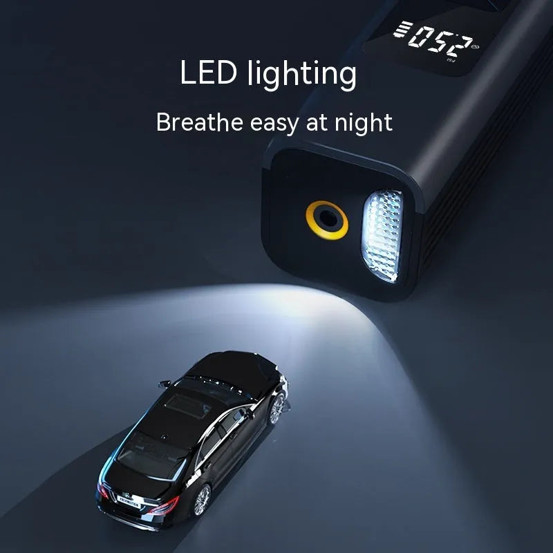 Wireless digital display car air pump and vacuum cleaner with emergency light functions.