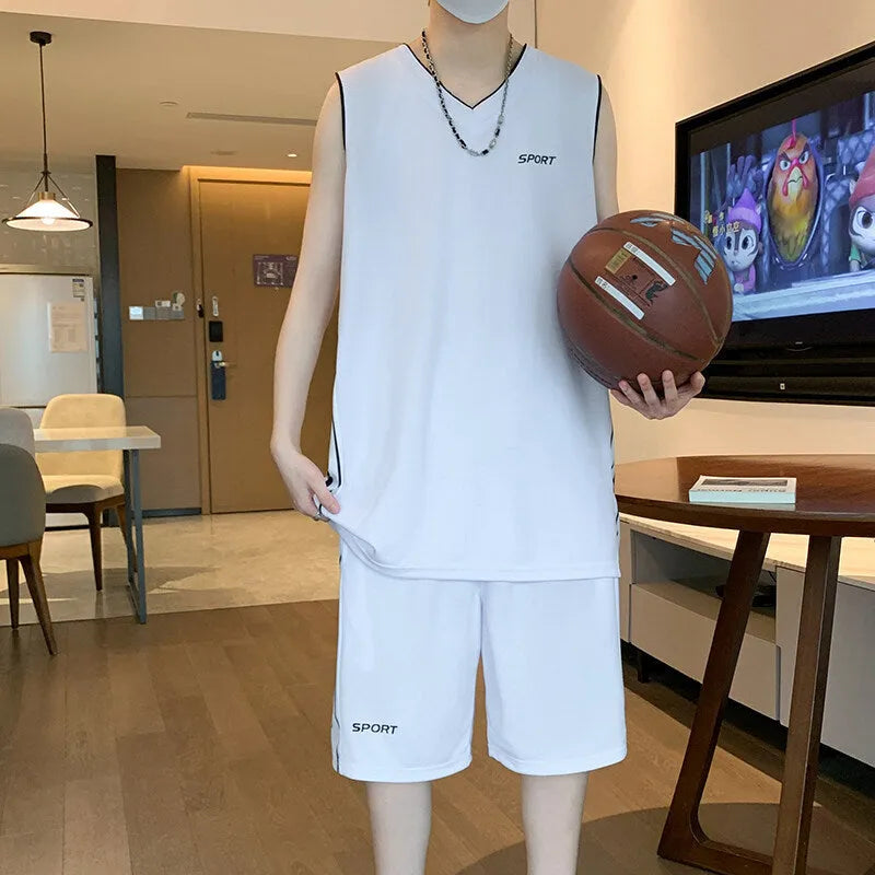 Men's thin polyester basketball sports suit with sleeveless vest and matching shorts