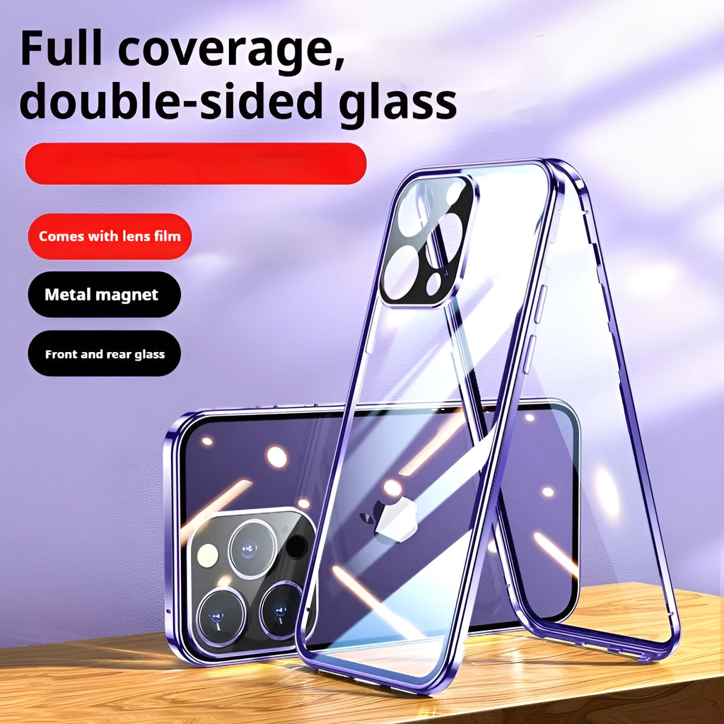 Double-sided glass ultra-thin magnetic phone case for iPhone 16 in electroplated silver finish