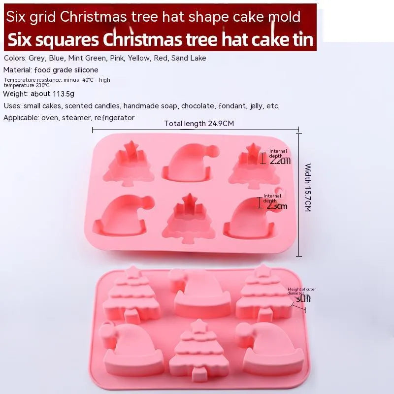 Christmas silicone 6-grid baking mold with festive shapes including tree and snowman