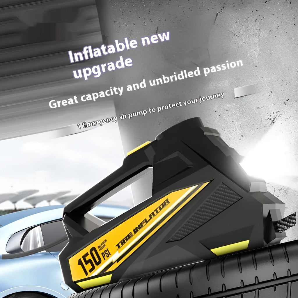 Black portable digital tyre inflator with LCD screen and LED light, connected to a car tyre valve.