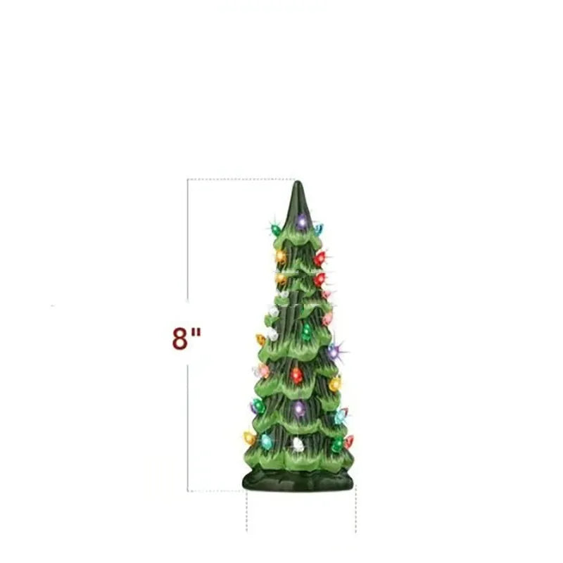 A resin Christmas tree decoration with lights, shown in a European style, suitable for indoor or courtyard use.