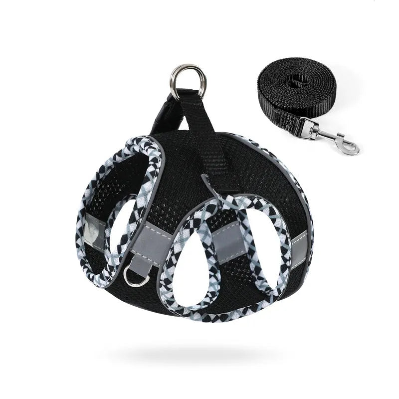 Step-in dog harness with leash in breathable mesh with reflective trim