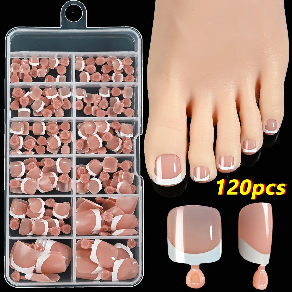 120 French white edge square toe artificial nails in nine nude shades in a box