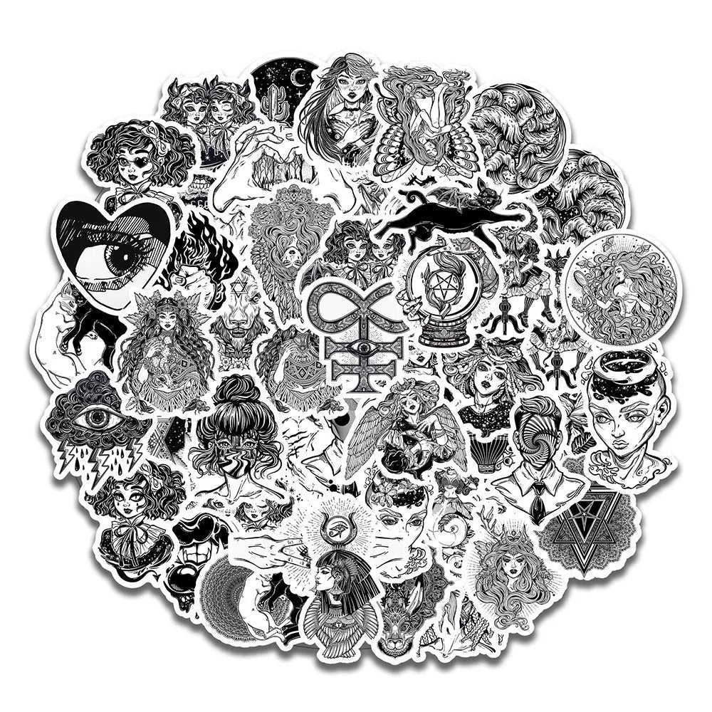 50 black and white gothic graffiti stickers on a table, showing assorted designs on a phone case and laptop