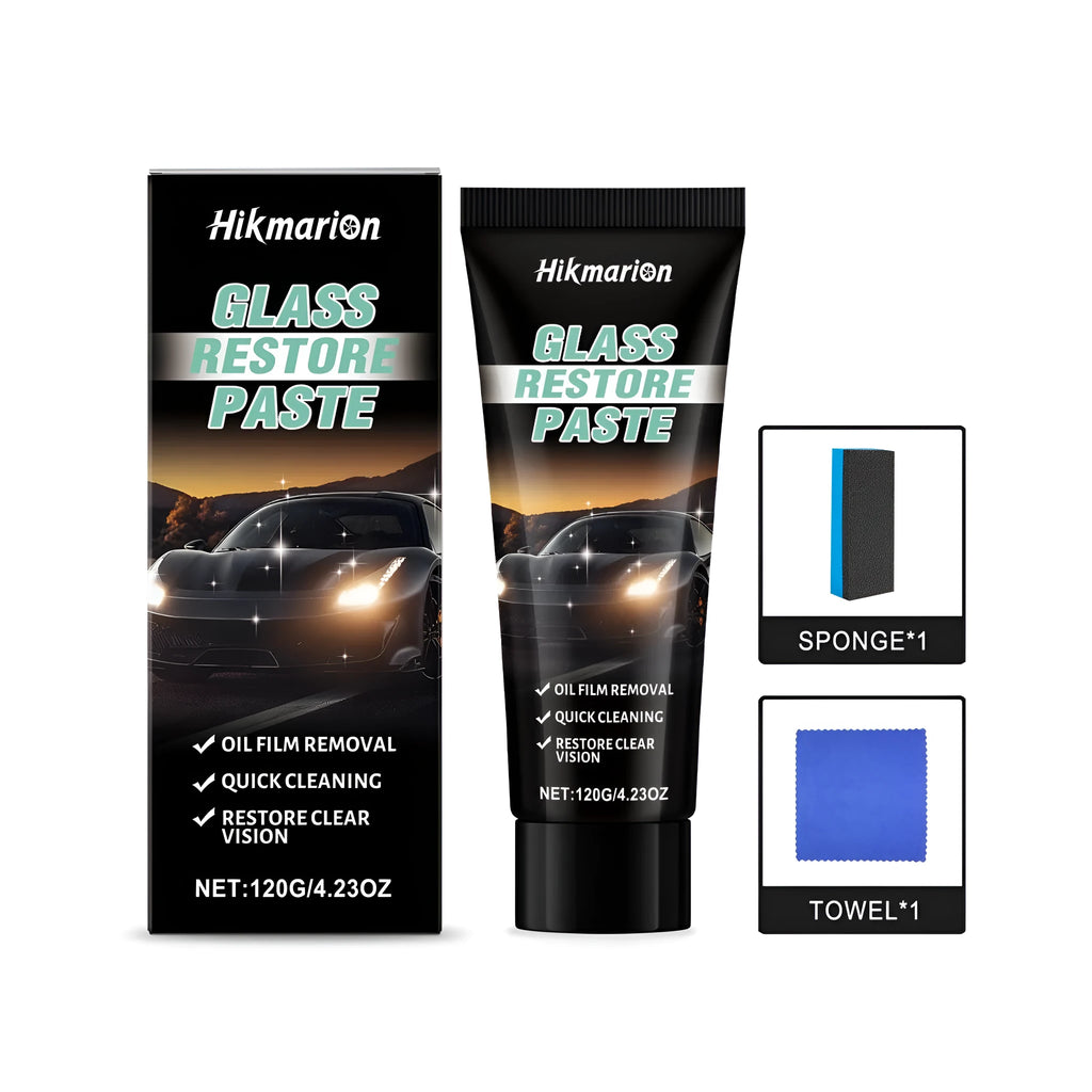 Glass Restore Paste 120g cleaning paste in white pot with sponge and towel for windscreen stain removal and anti-fog