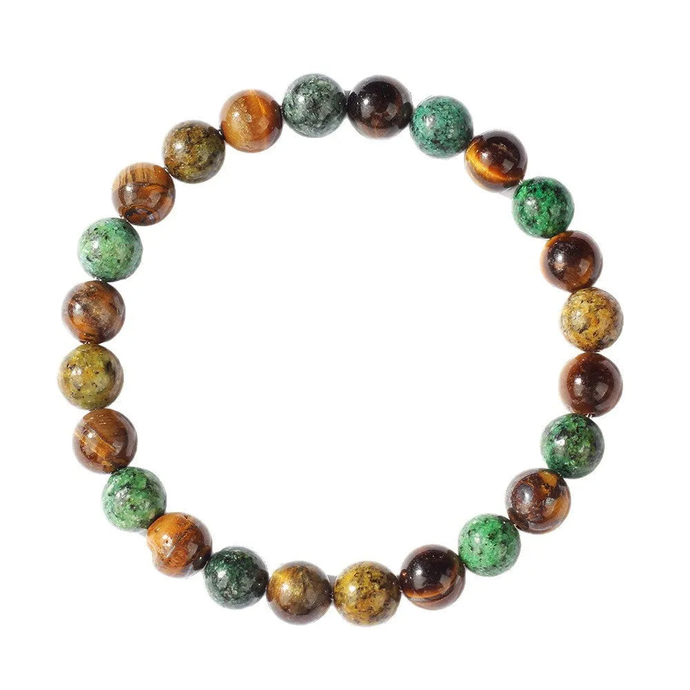 Tiger eye stone bracelet showing antique flower design with natural stone beads
