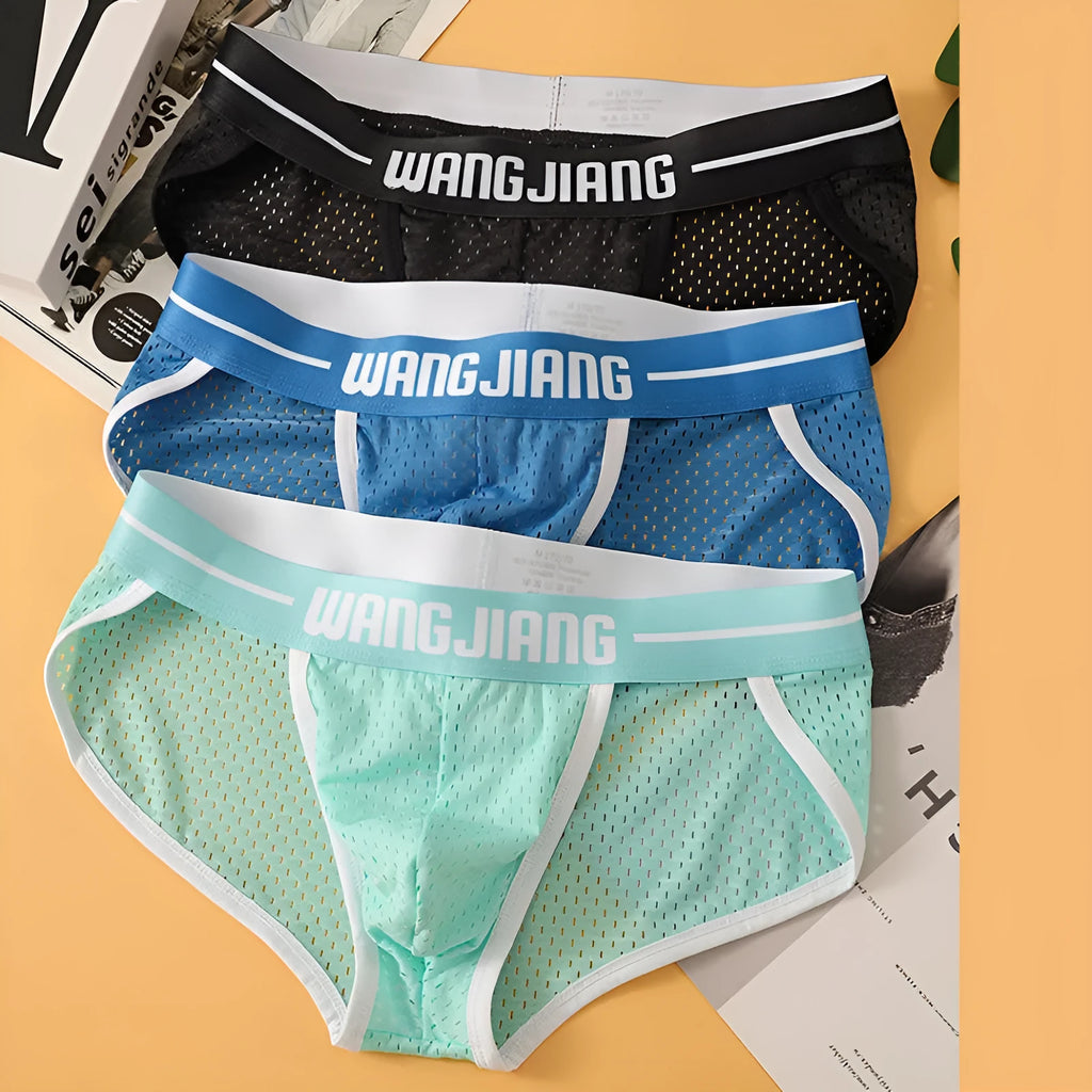 Men's black breathable mesh ice silk triangle underwear briefs laid flat.
