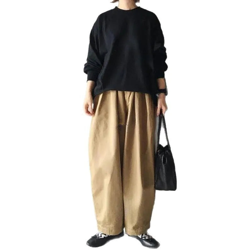 Lantern sleeve loose round neck sweater and wide leg cropped pants two-piece set for women in polyester fibre