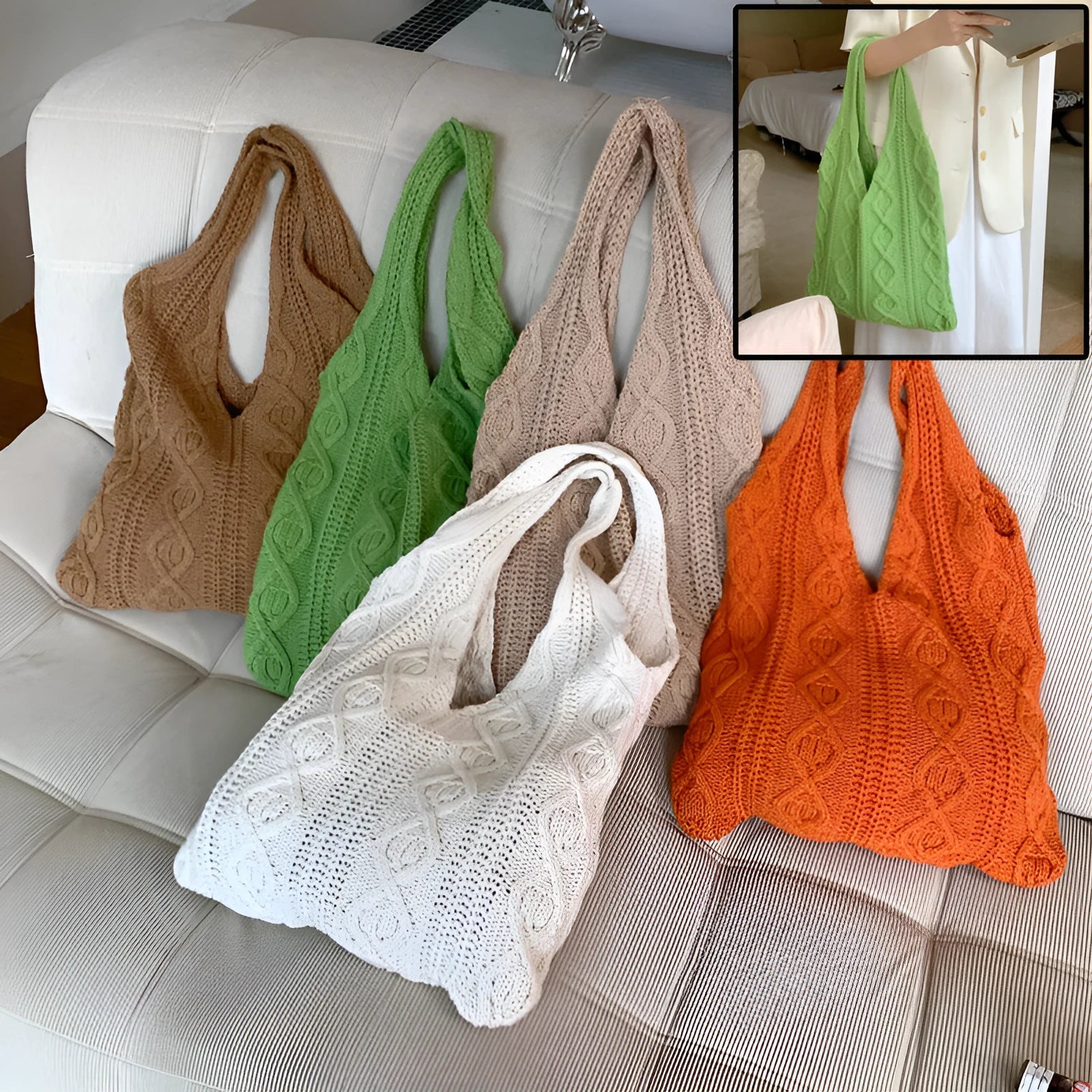 Retro crochet women's tote bag with double shoulder straps in a grass green colour, showing textured knit detail.