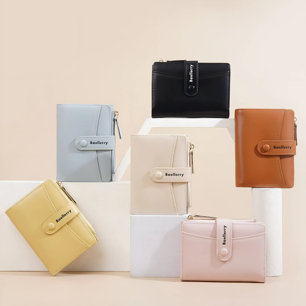 Women's waterproof PU leather short wallet in apricot colour showing card slots and compact design