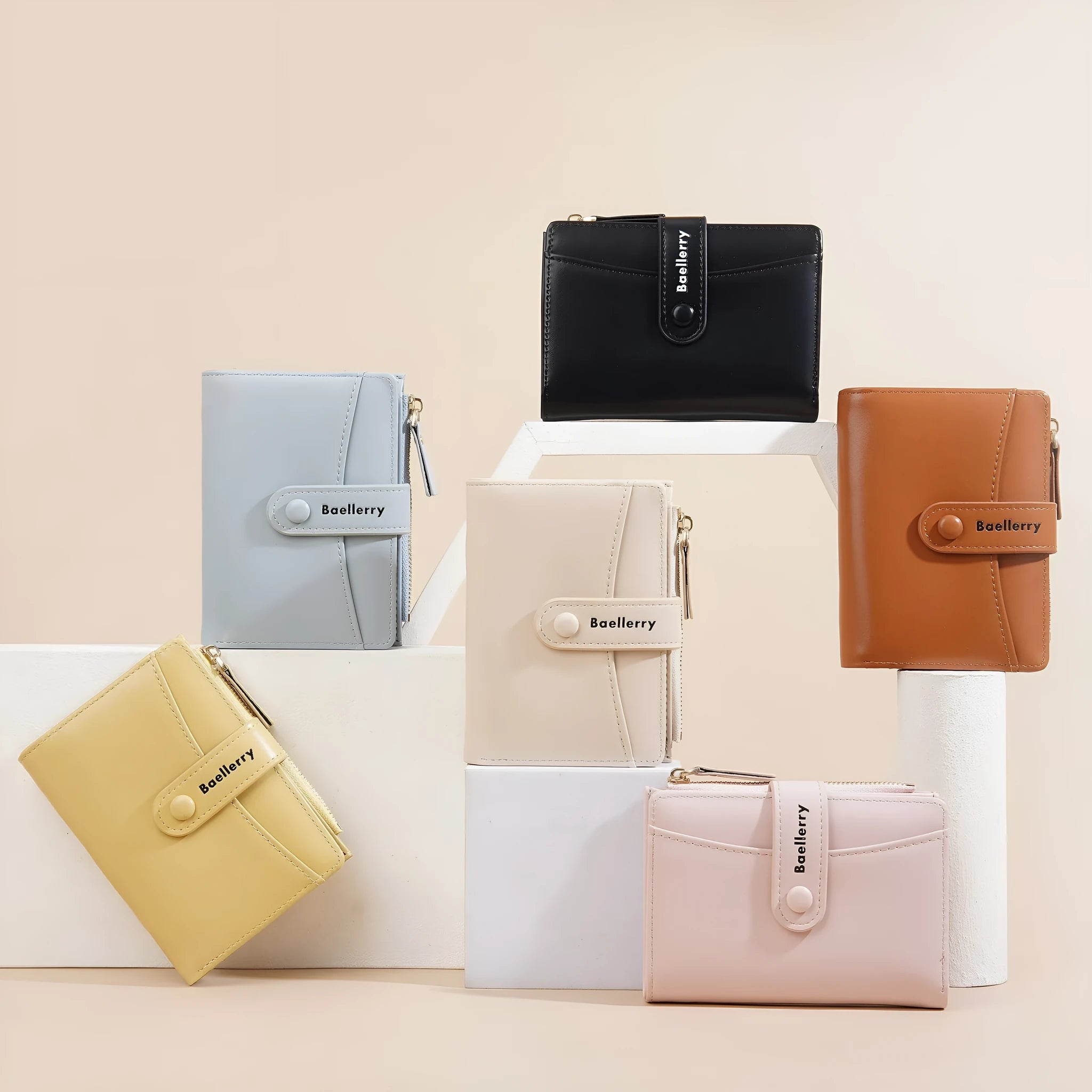 Women's waterproof PU leather short wallet in apricot colour showing card slots and compact design